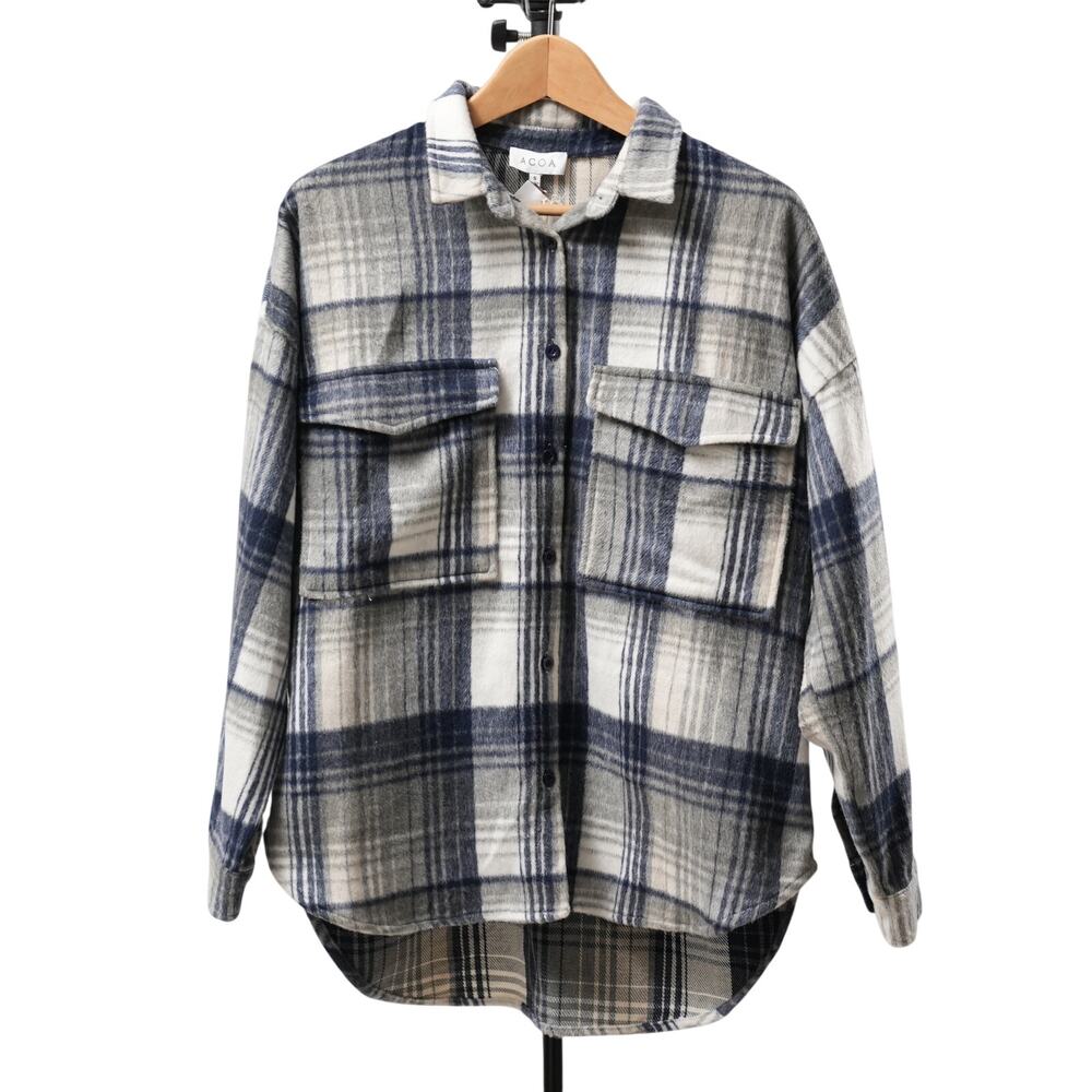 ACOA Oversized Plaid Flannel Shirt Women S Blue Schaket Western Wool Blend NWT